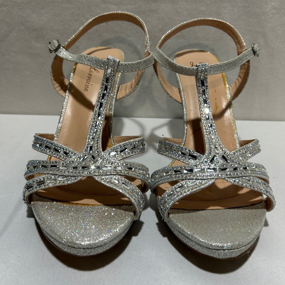 Silver Glitter Sandals Womens 8W Rhinestone T-Strap Stiletto Glam Disco Sparkly